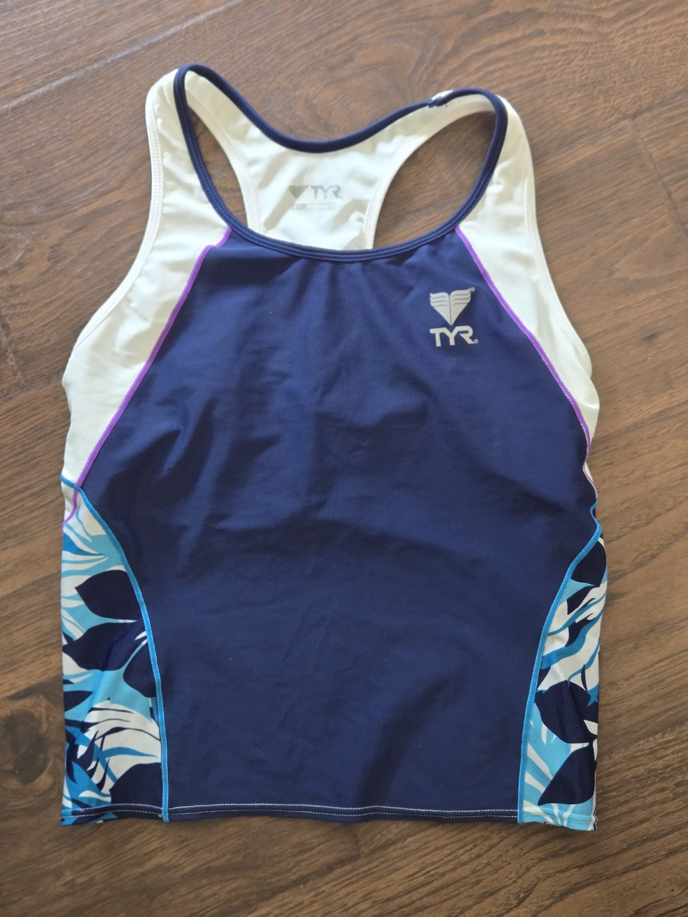 TYR Women’s Navy Racerback Swim Cycle Tank Blue White Size L